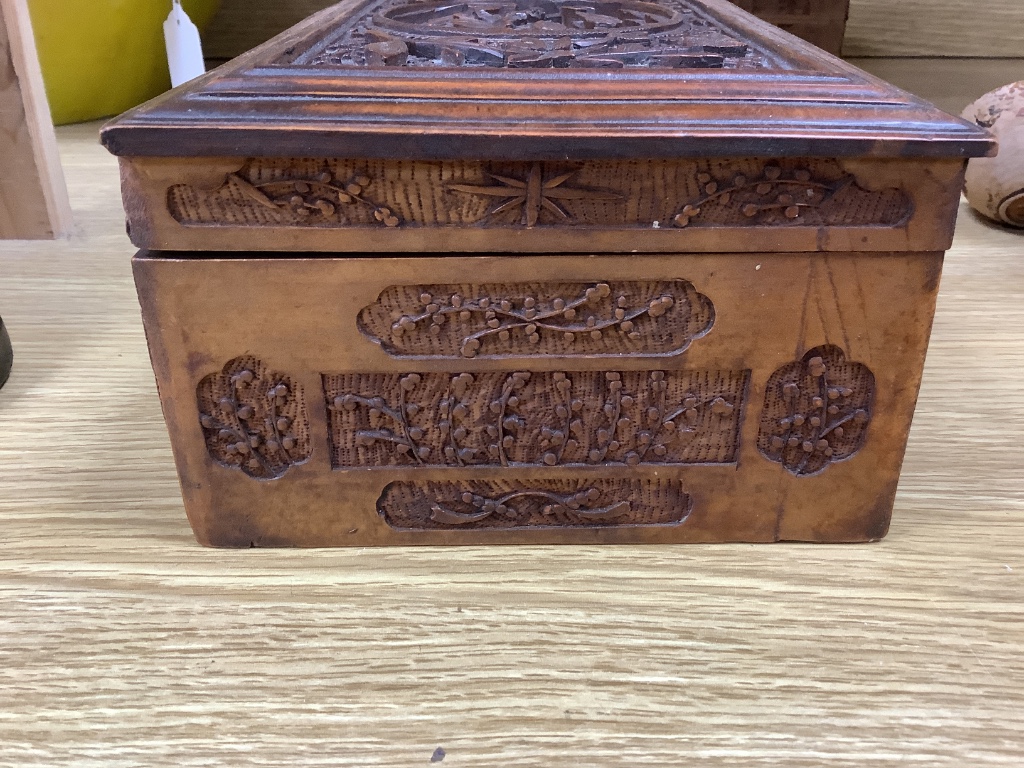 Three 19th century Chinese carved sandalwood boxes, 19th/20th century, longest 30cm